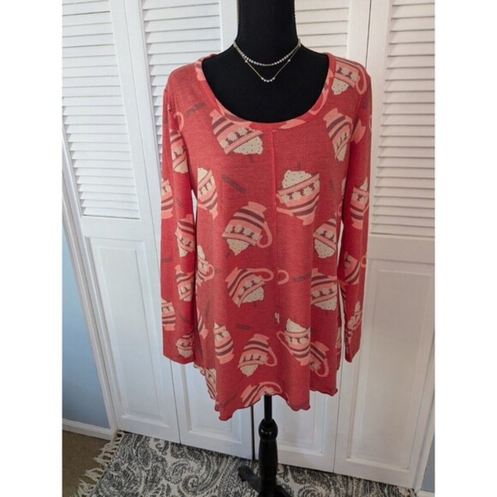 Any Body Cozy PJ Top Women's M Cocoa Mugs Waffle Weave Super Soft Hot Chocolate